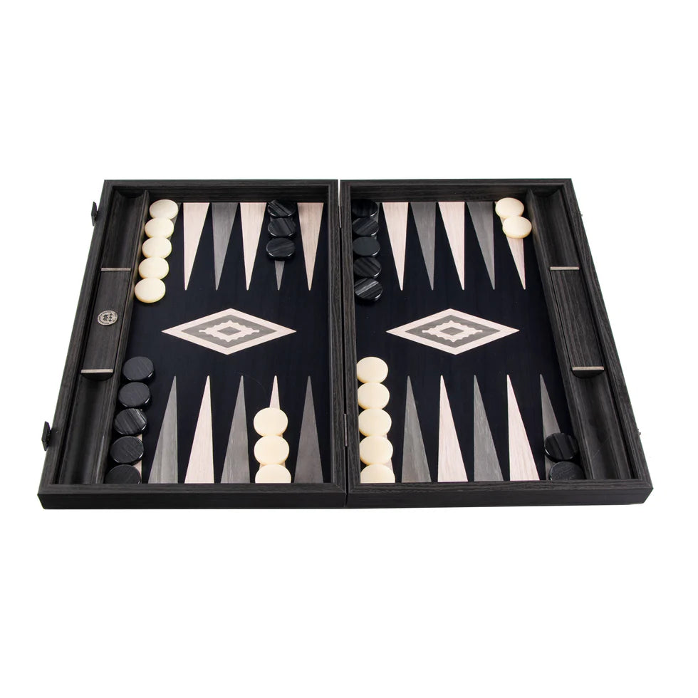 PEARLY GREY VAVONA INTAID BACKGAMMON WITH LIGHT GREY AND GREY POINTS WITH SIDERACKS SIZE SMALL