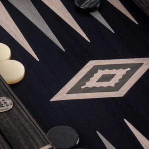 PEARLY GREY VAVONA INTAID BACKGAMMON WITH LIGHT GREY AND GREY POINTS WITH SIDERACKS SIZE SMALL