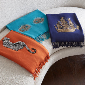 LEOPARD EMBELLISHED MERINO WOOL THROW ORANGE 32360