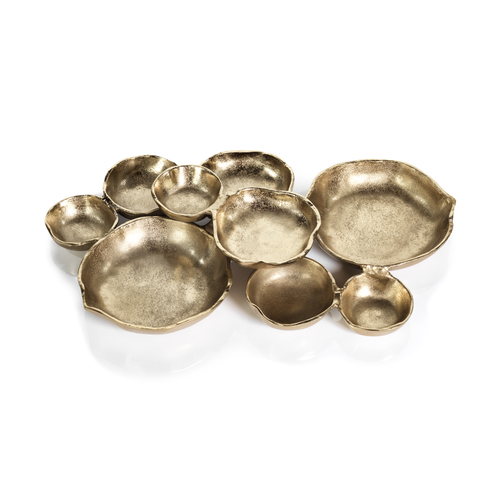 CLUSTER OF NINE ROUND SERVING BOWLS - DARK GOLD