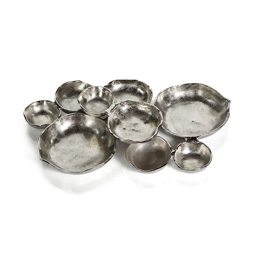 CLUSTER OF NINE ROUND SERVING BOWLS - NICKEL