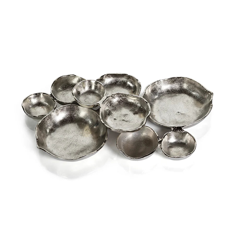 CLUSTER OF NINE ROUND SERVING BOWLS - NICKEL