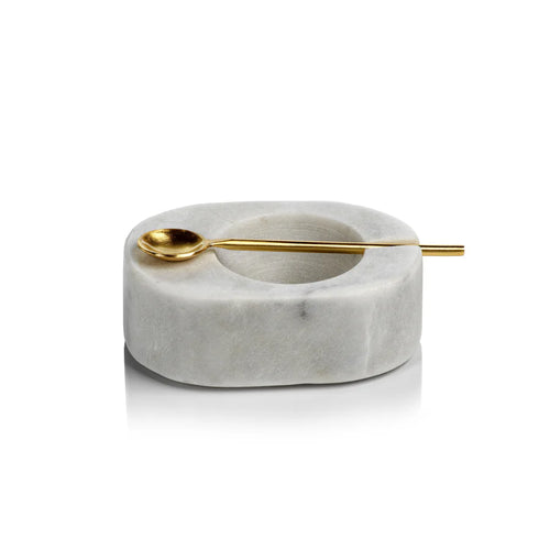 TUSCAN MARBLE SALT AND PEPPER BOWL WITH GOLD SPOON  - WHITE