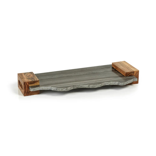 NAIROBI GRAY MARBLE TRAY WITH ACACIA HANDLES