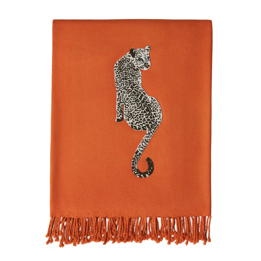 LEOPARD EMBELLISHED MERINO WOOL THROW ORANGE 32360