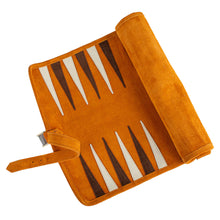 Load image into Gallery viewer, CINNAMON BROWN AND CREAM POINTS HANDMADE TRAVEL SIZE LEATHER BACKGAMMON