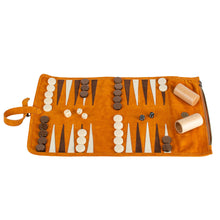 Load image into Gallery viewer, CINNAMON BROWN AND CREAM POINTS HANDMADE TRAVEL SIZE LEATHER BACKGAMMON