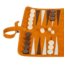Load image into Gallery viewer, CINNAMON BROWN AND CREAM POINTS HANDMADE TRAVEL SIZE LEATHER BACKGAMMON