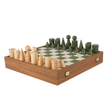 Load image into Gallery viewer, GREEN AND WHITE LEATHERETTE INTAID CHESSBOARD WITH BAUHAUS STYLE WOODEN CHESSMEN