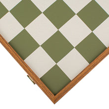 Load image into Gallery viewer, GREEN AND WHITE LEATHERETTE INTAID CHESSBOARD WITH BAUHAUS STYLE WOODEN CHESSMEN