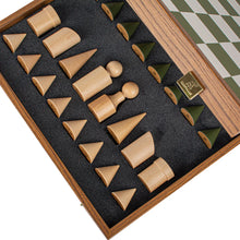 Load image into Gallery viewer, GREEN AND WHITE LEATHERETTE INTAID CHESSBOARD WITH BAUHAUS STYLE WOODEN CHESSMEN
